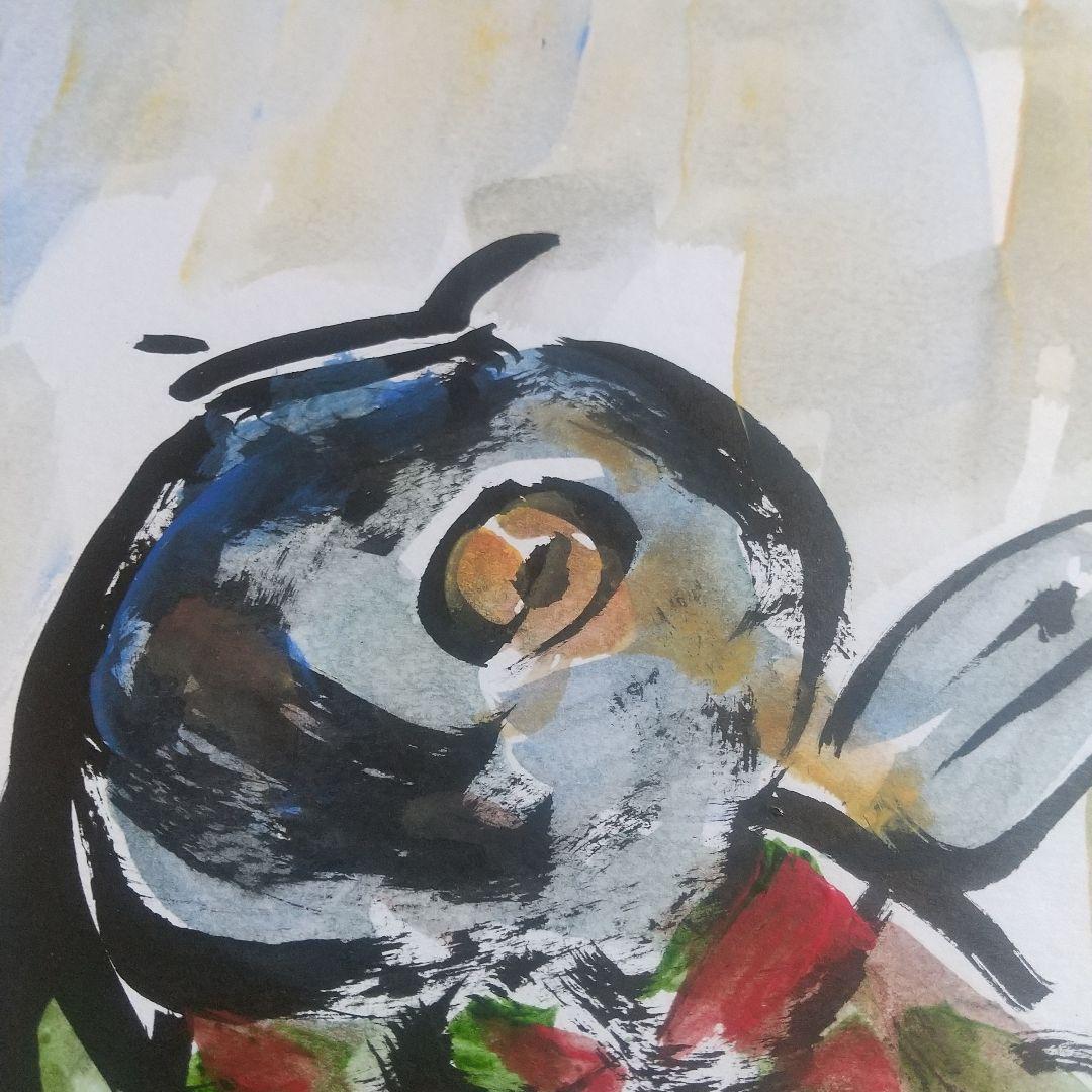 鑑定證 棟方志功 絵画色紙 日本画「踊鯉図」棟方巴里爾鑑定シール落款有