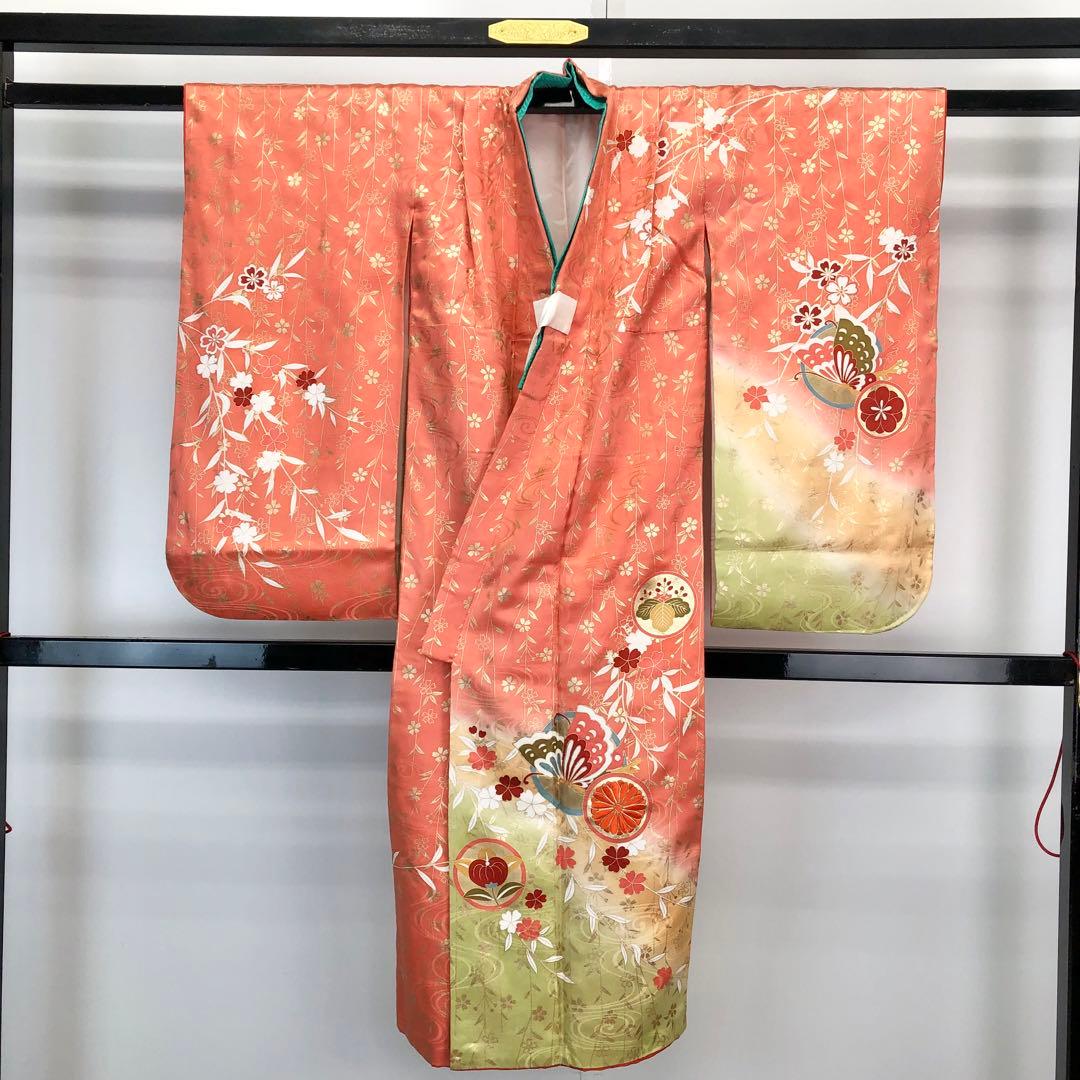 子供着物 蝶々に花柄 銀駒刺繍 サーモンピンク 七五三 7歳 CK-7302