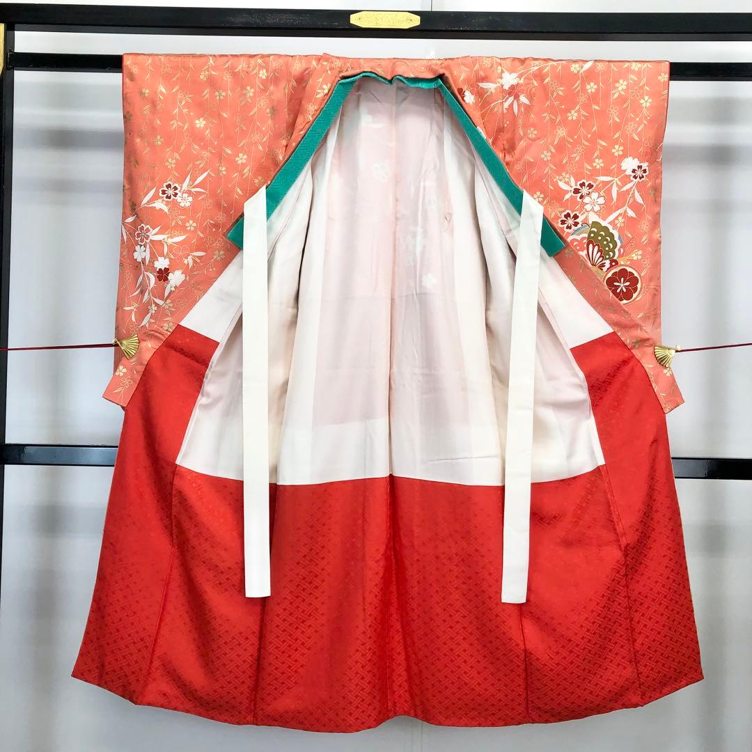 子供着物 蝶々に花柄 銀駒刺繍 サーモンピンク 七五三 7歳 CK-7302