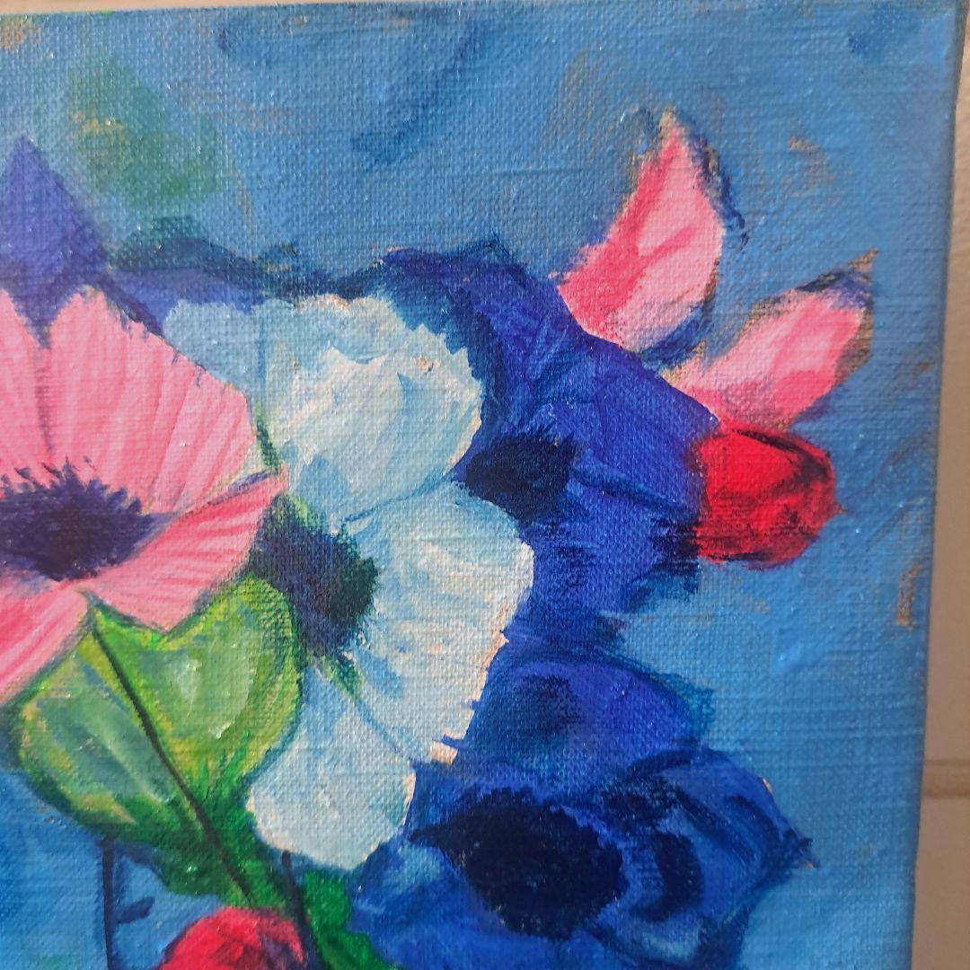 キャンバス油絵　専用　青い背景のコップに入れた野のお花　抽象静物画
