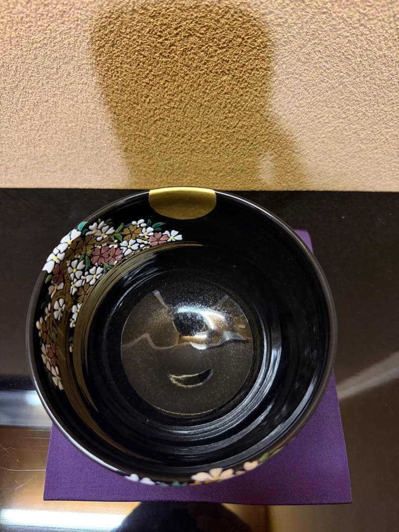 京焼　中村能久　黒釉　夜桜之図　茶碗　共箱
