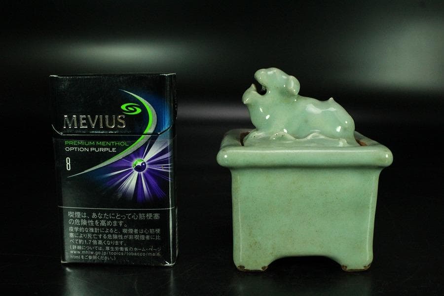 茶道具 青磁 獅子蓋 四方 香炉(K-A359)