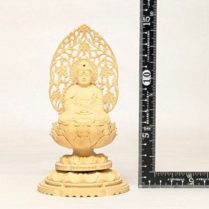 【フォロー割・新品】 釈迦如来座像　黄楊　総高さ約15.5㎝　丸形台座付　釈迦