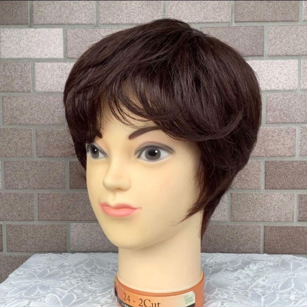 人毛100% 手植えフルウィッグ 医療ウィッグ ショートカール 茶ダークブラウン