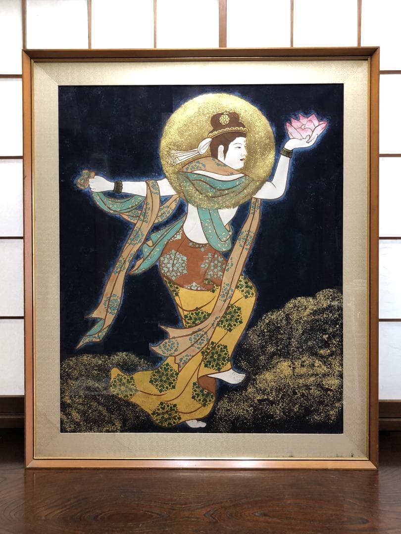 【 月光菩薩・観音図 】　肉筆　大型仏画額　109×92ｃｍ　日本画
