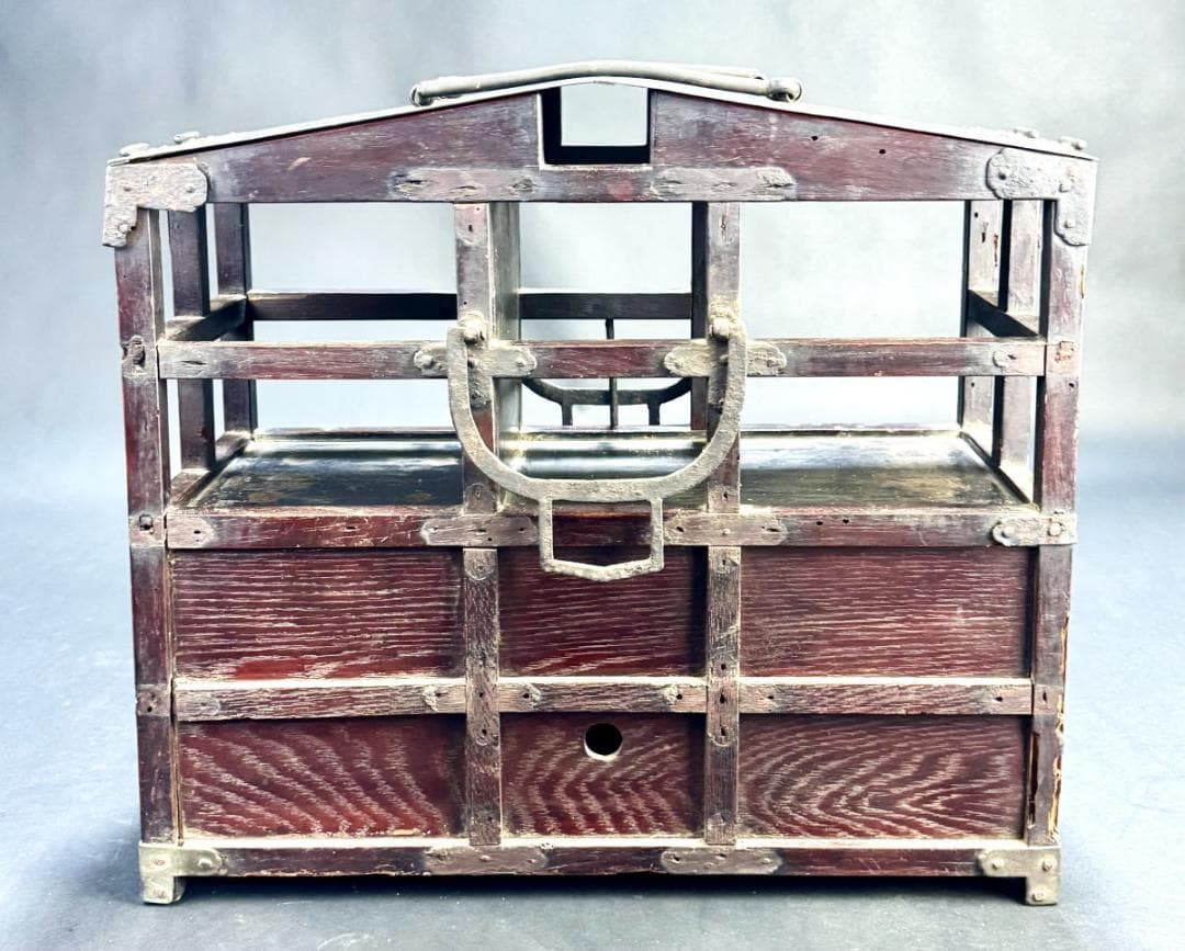 江戸時代 岡持ち 木製二段式野弁当箱 担ぎ式 茶道具 遊山箱 唐木WWWT028