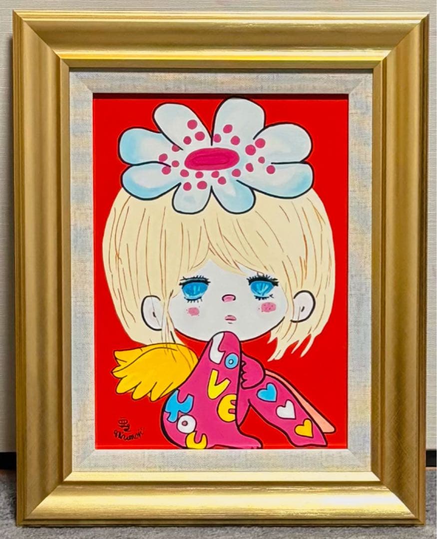 【F4号】手描き油彩画　水森亜土　額縁　未使用額　サイン　人気絵柄　絵画　女の子