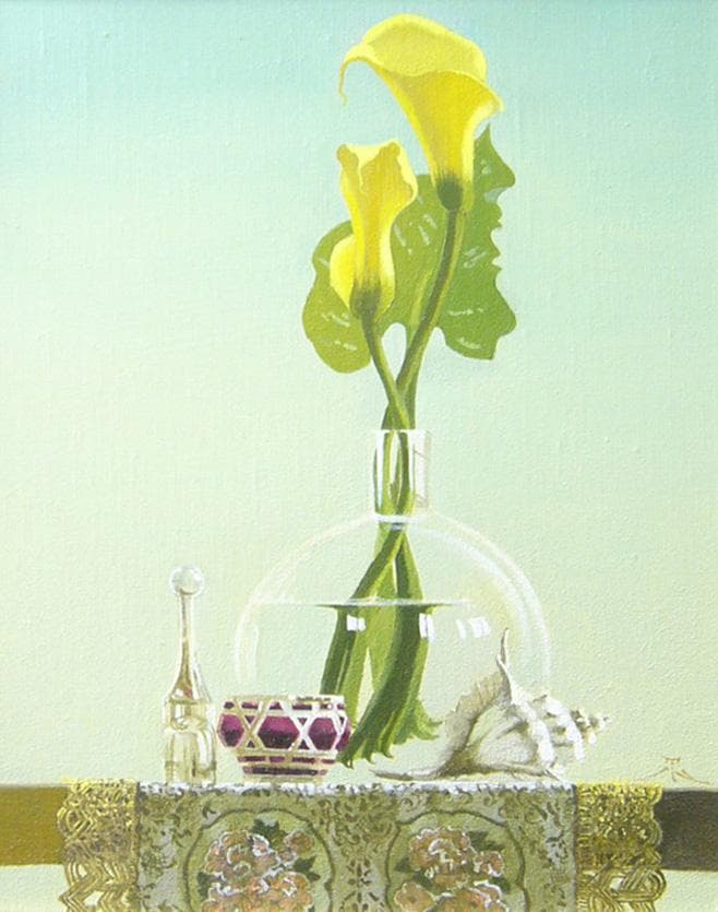 絵画　田浦信勝  肉筆油絵 静物画 黄色いカラー テーブルクロス