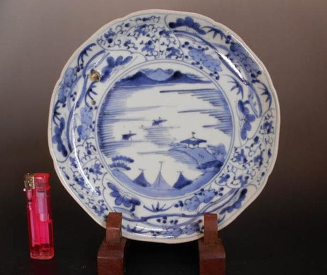 古伊万里　染付　花唐草　山水図 中皿 藍柿右衛門　江戸 2009