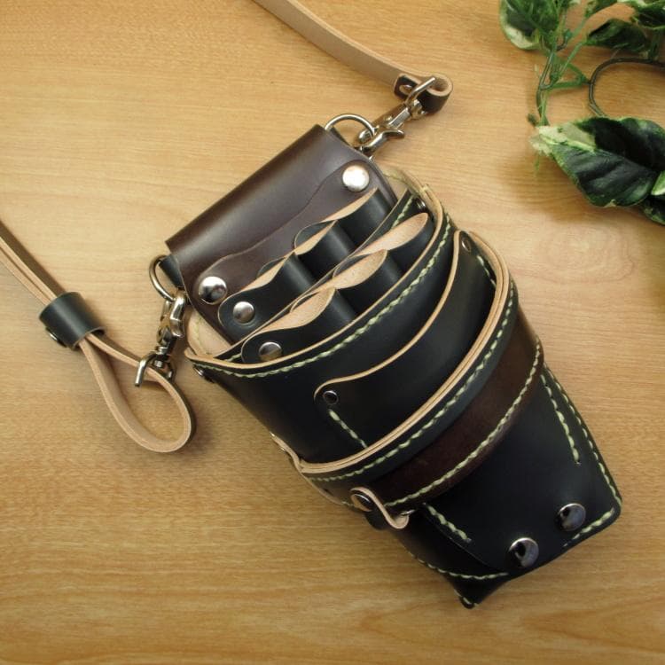 ダークグリーン＆焦げ茶　６丁　革ベルト付　シザーケース　SCL-100/CGB