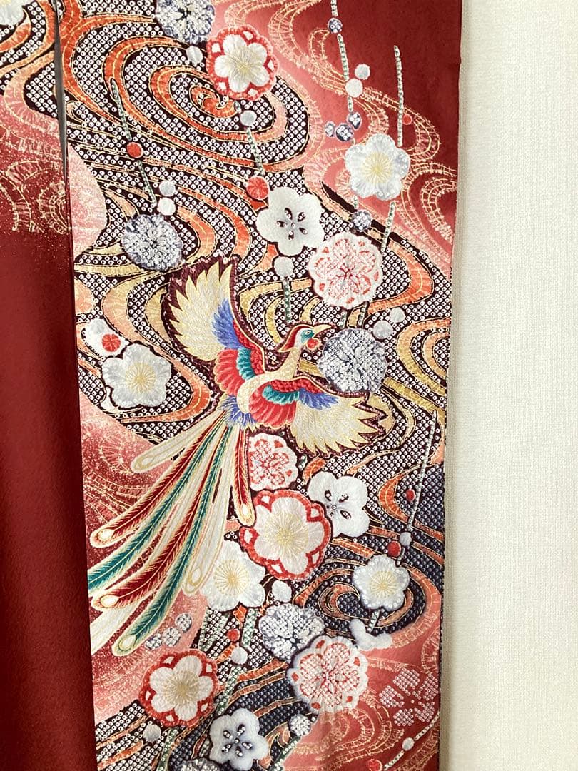 m*9様 美しい　振袖　着物　赤　鳳凰　絞り　15枚目の帯、緑帯締め帯揚げ、襟、