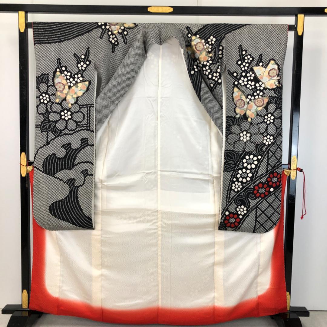 ☆ 振袖 総絞り 波模様に蝶々 花模様 菊 黒色 トールサイズ K-5454