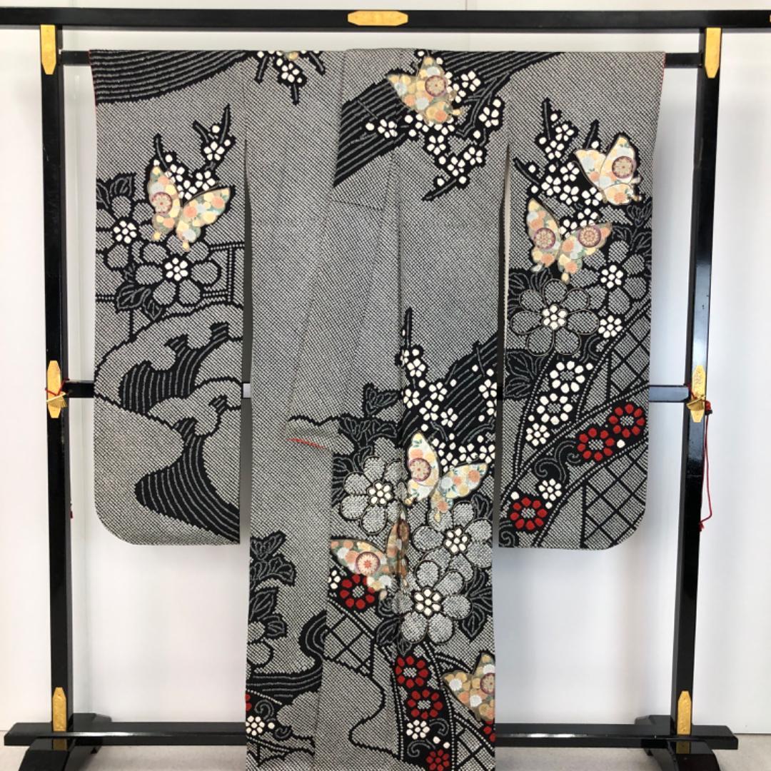 ☆ 振袖 総絞り 波模様に蝶々 花模様 菊 黒色 トールサイズ K-5454