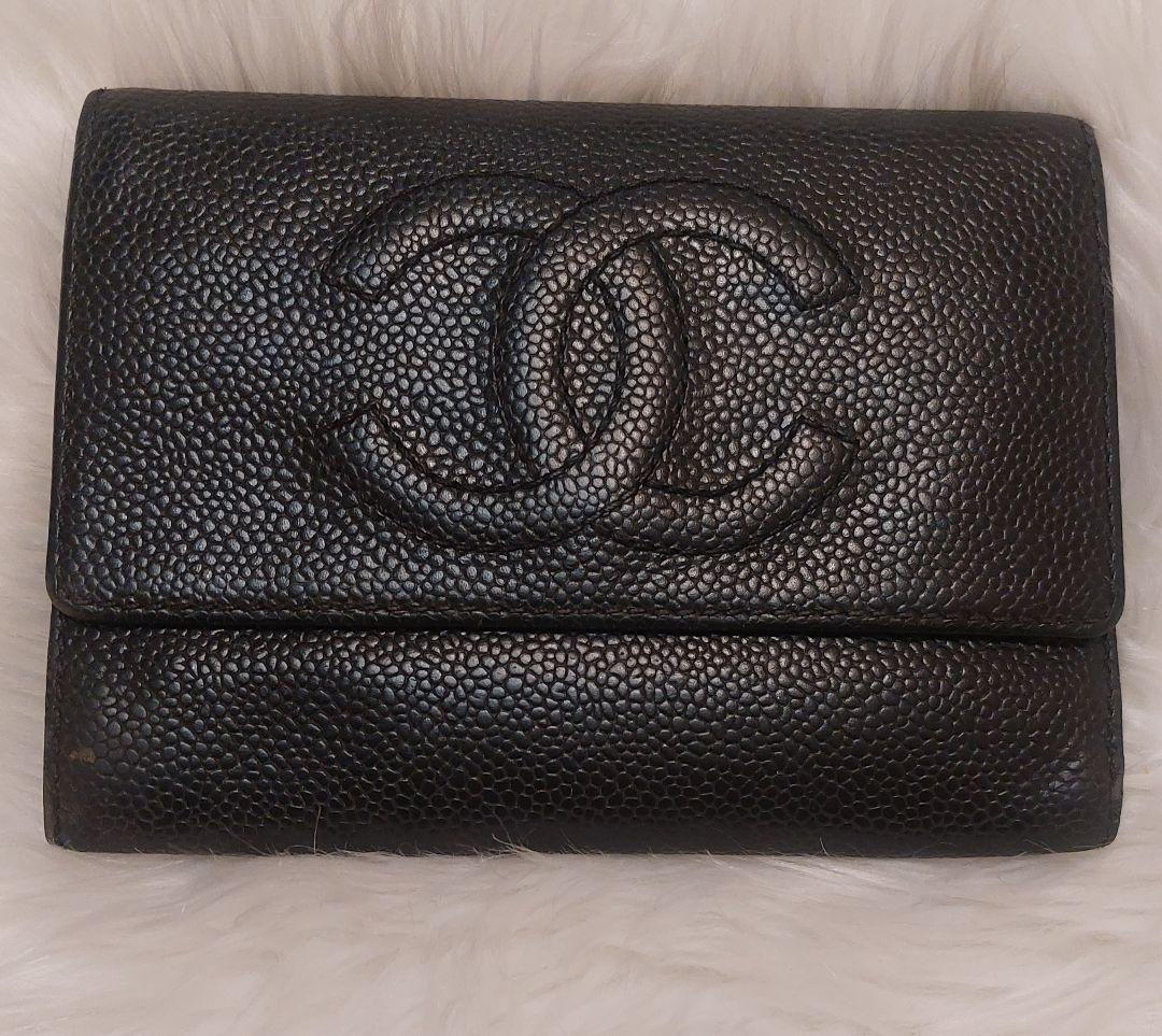 CHANEL ブラックレザー 三つ折り財布