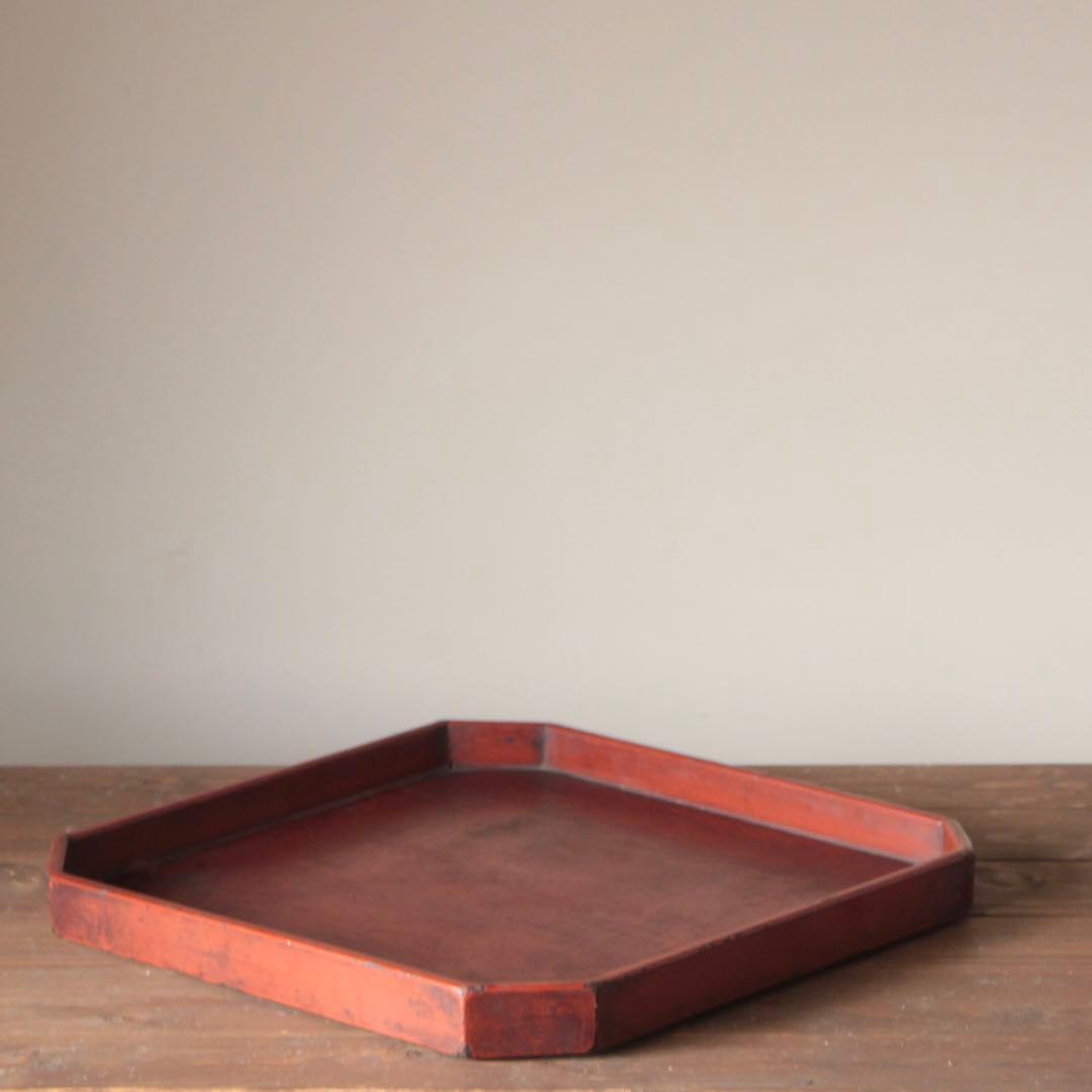 隅切 折敷 朱塗り盆 No.2 古美術 古道具 アンティーク 盆 折敷盆