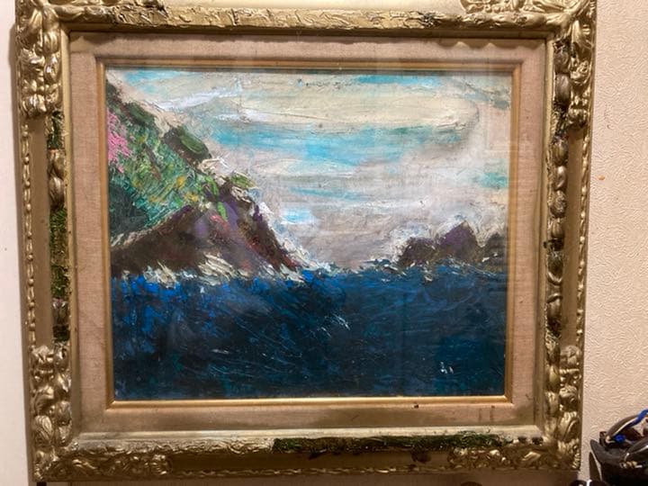 風景絵画、鬼ヶ城と熊野灘、F8号、油絵額入り