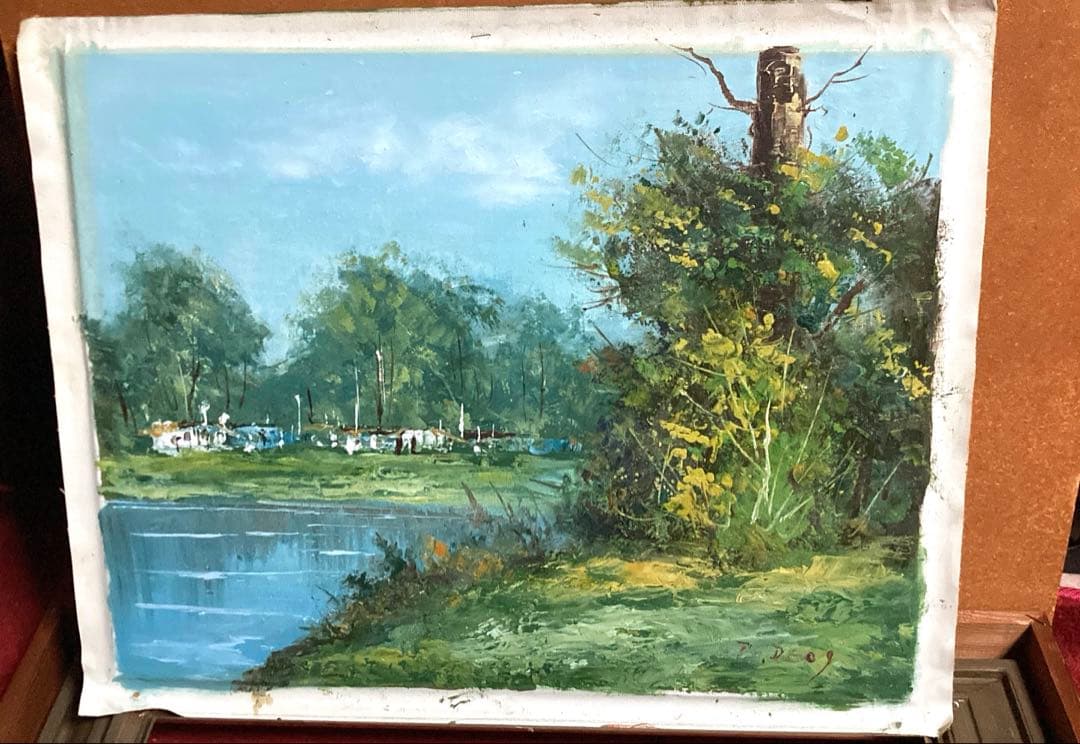 ★送料込★ 【肉筆油絵】✰︎ 豪華額装 ✰︎ F8号相当「水辺の風景」サイン有