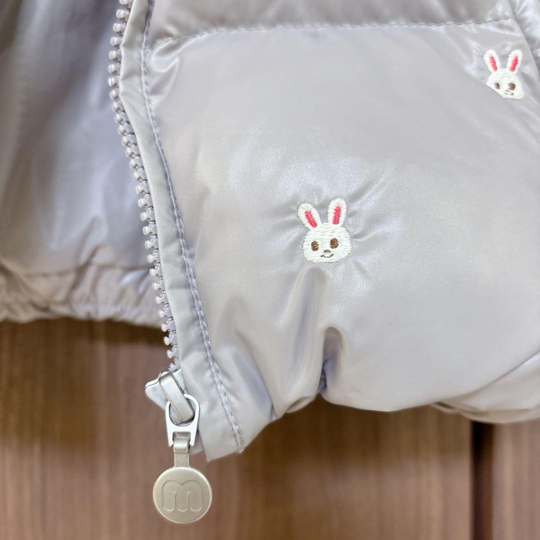 ミキハウス　ダウン　90 美品　総柄　刺繍　うさこちゃん　グレー　フード　ファー