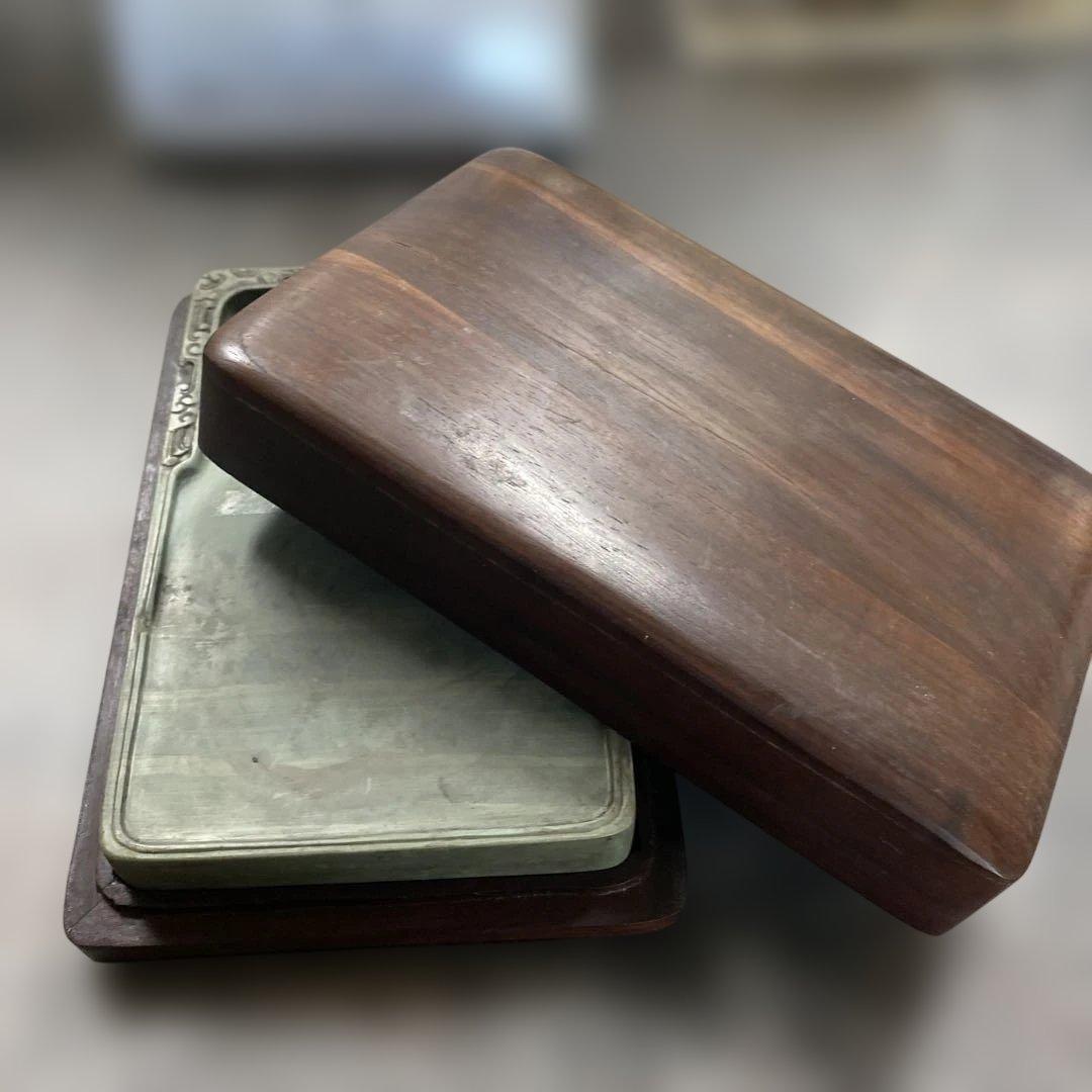 緑硯　中国硯　彫刻　古美術　唐木ケース