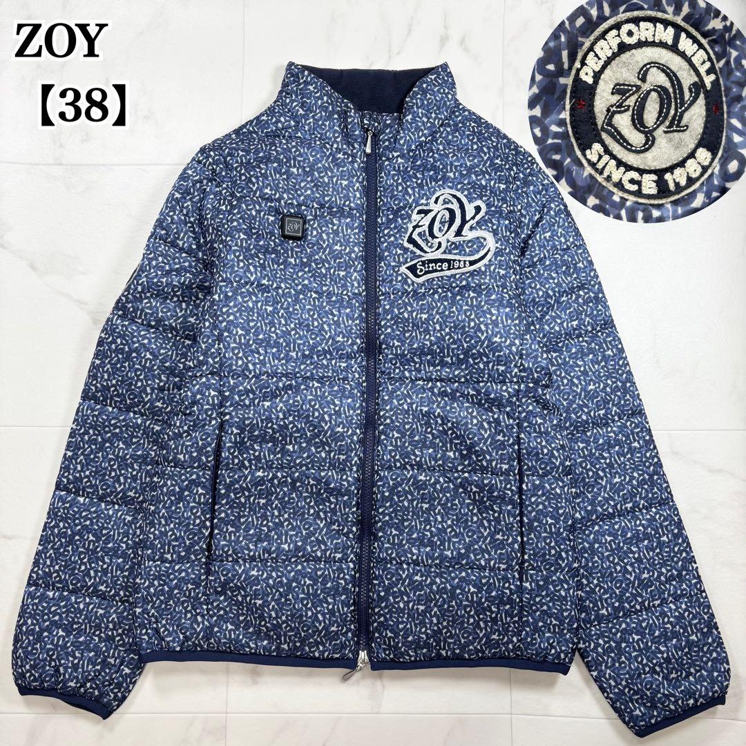 【美品】ZOY ゾーイ 中綿ジャケット ゴルフウェア 総柄 ロゴ 青 38