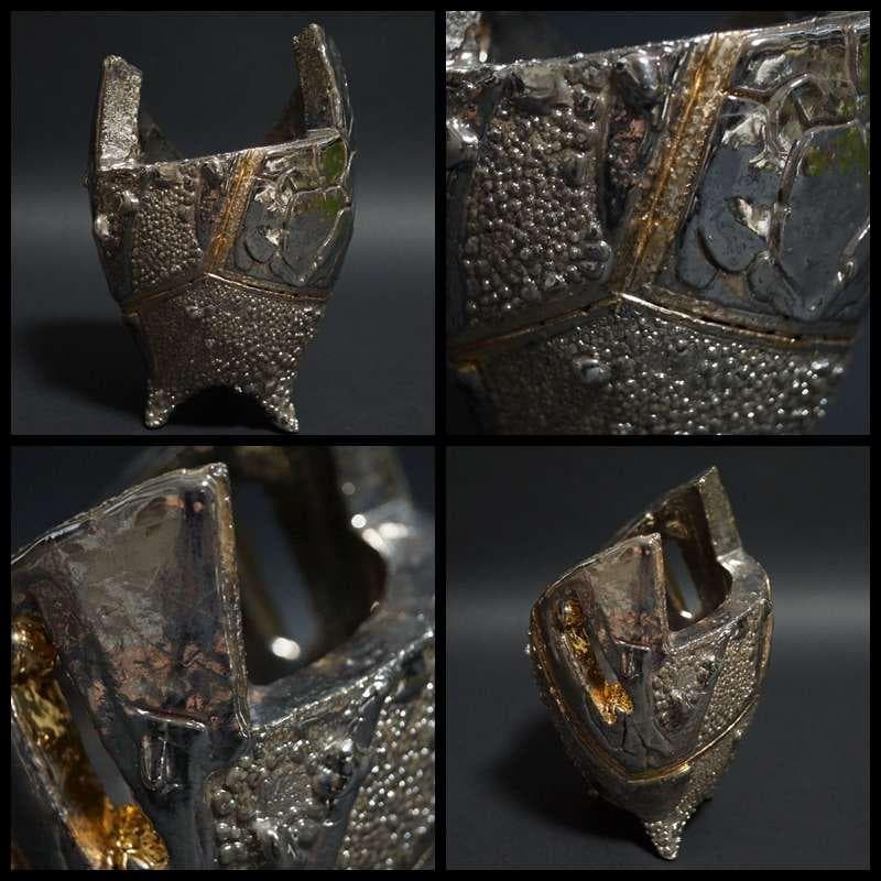 現代陶芸家 市川透造 造形香炉 金プラチナ使用 共箱 共布備前 (師/隠崎隆一)