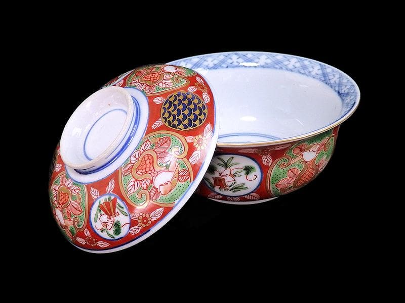 大聖寺伊万里　金襴手　丸紋　鳥に柘榴の図　蓋付鉢　B291AS-CPk