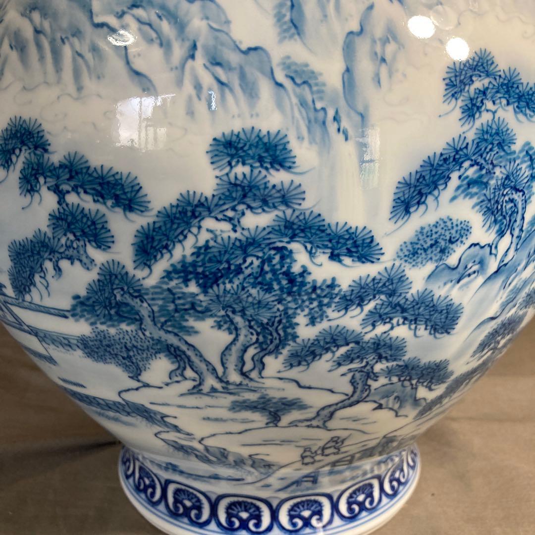 【松右衛門】古伊万里の伝統　日本の名窯　緒方松右衛門作　染付廻り山水絵　大花瓶