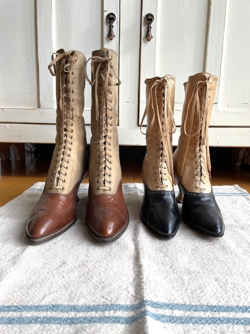 ♡アンティーク　ヴィクトリアン　フランス　レースアップブーツ　ベージュ　ブラウン