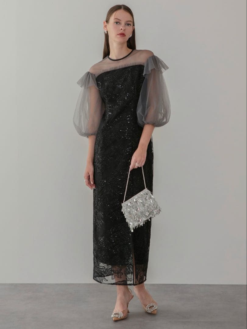 フラワースパンコールシアーフリルスリーブIラインワンピースドレス結婚式パーティー