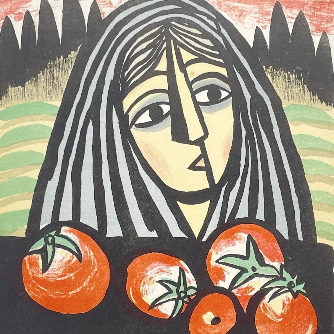 北川 民次 図録掲載作品 「トマト売り」 リトグラフ 版画