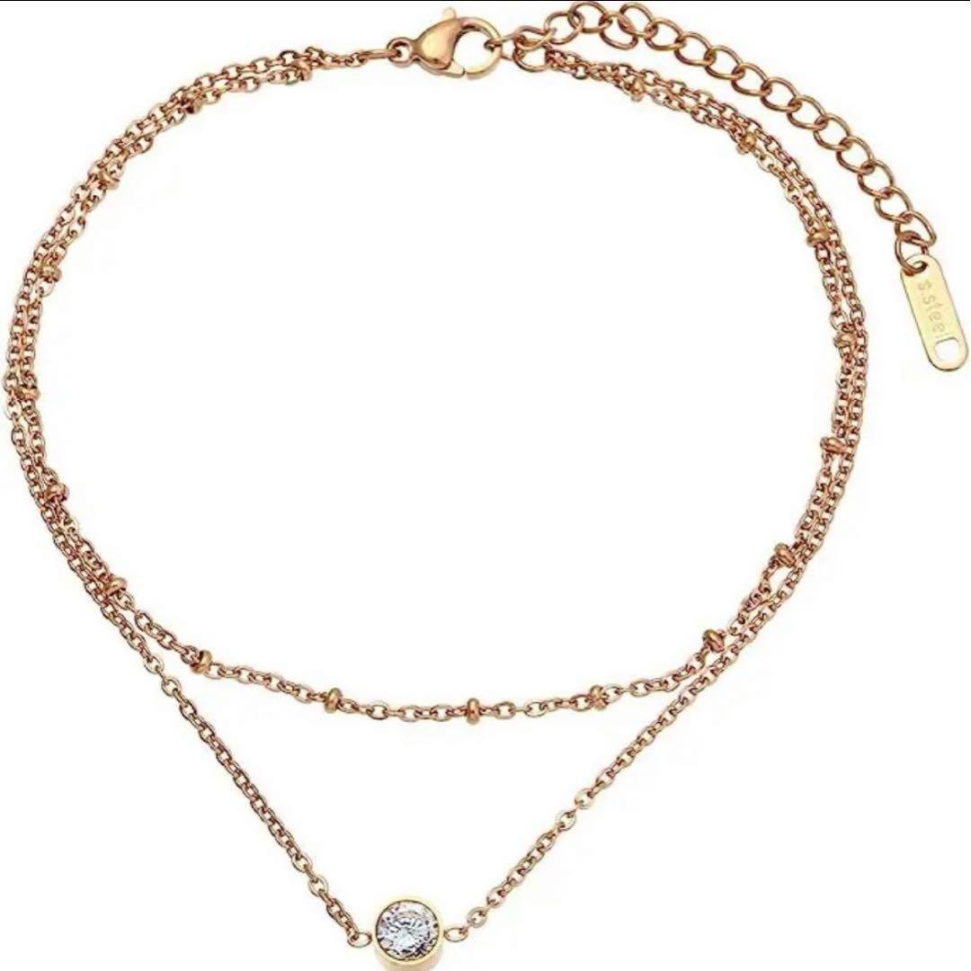 e135 2連 アンクレット 一粒 ダイヤモンド K18 PVD ピンクゴールド