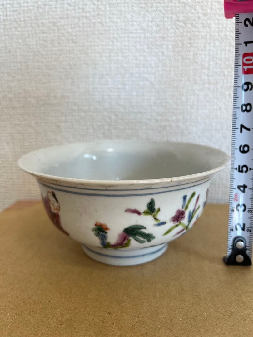 中国美術 粉引 色絵　六角 筆筒 童子圖 茶盞 大清同治年製 3点