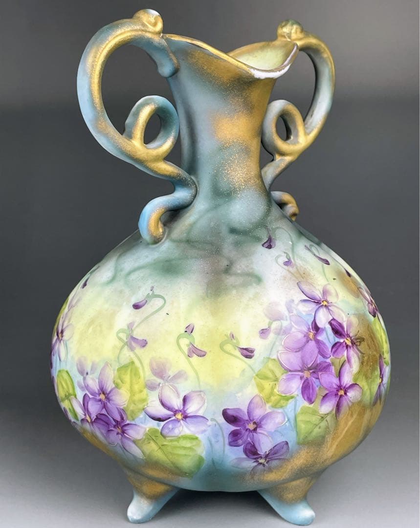 【希少】オールドノリタケ 焼き付け金彩 スミレ紋 花瓶 金釉の霧吹き 金彩ミスト