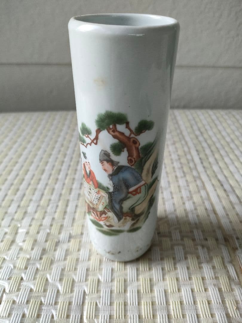 ●中国美術 人物文 陶磁 筆筒 朱印款 古陶磁 景徳鎮風 文人図古美術花器書道具