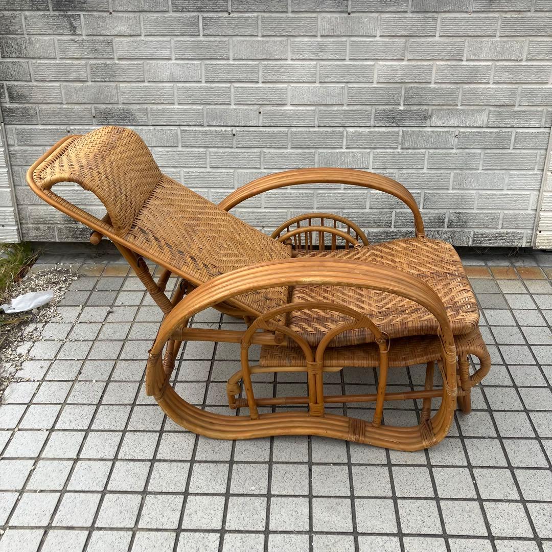 昭和レトロ ラタンリクライニングチェア オットマン付き 籐家具 1人掛けソファー