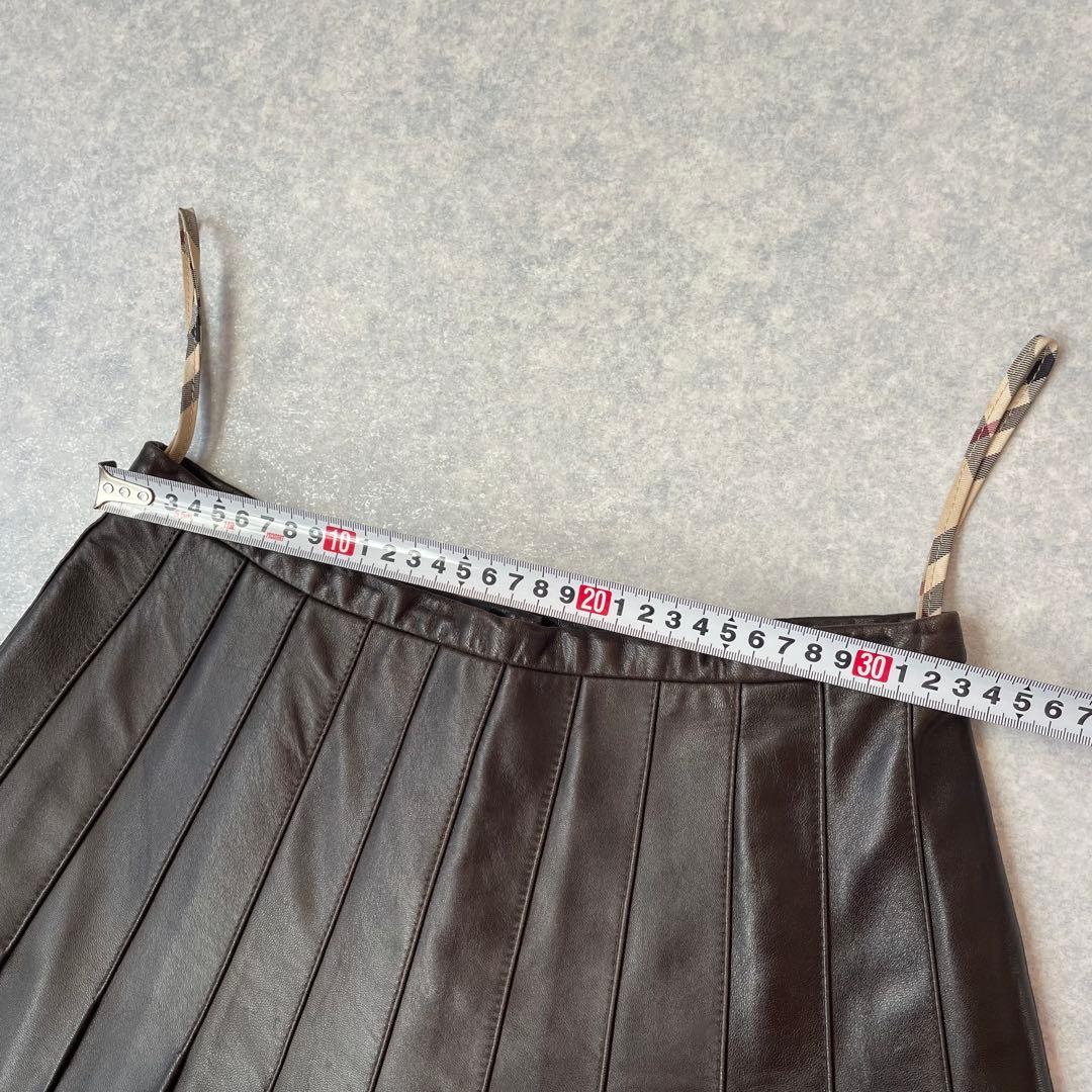 上質 バーバリー ロンドン ラムレザー プリーツスカート ダークブラウン UK6