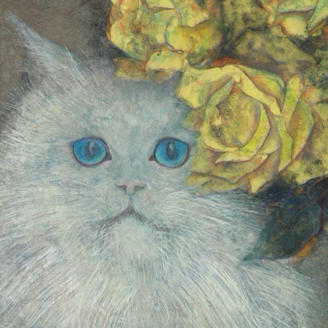 「白猫と黄薔薇」猫 ネコ 動物画 花 黄薔薇 絵画 額装 豪華額縁