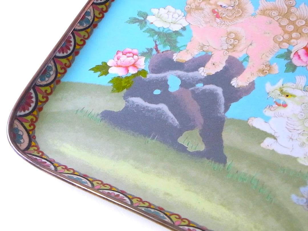 【 E801 】 超名品　明治期尾張七宝上手作品　銀線七宝獅子鳳凰文トレイ