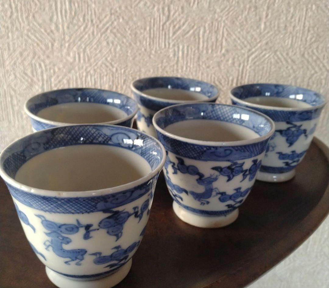 古伊万里染付麒麟文煎茶碗蕎麦猪口五客