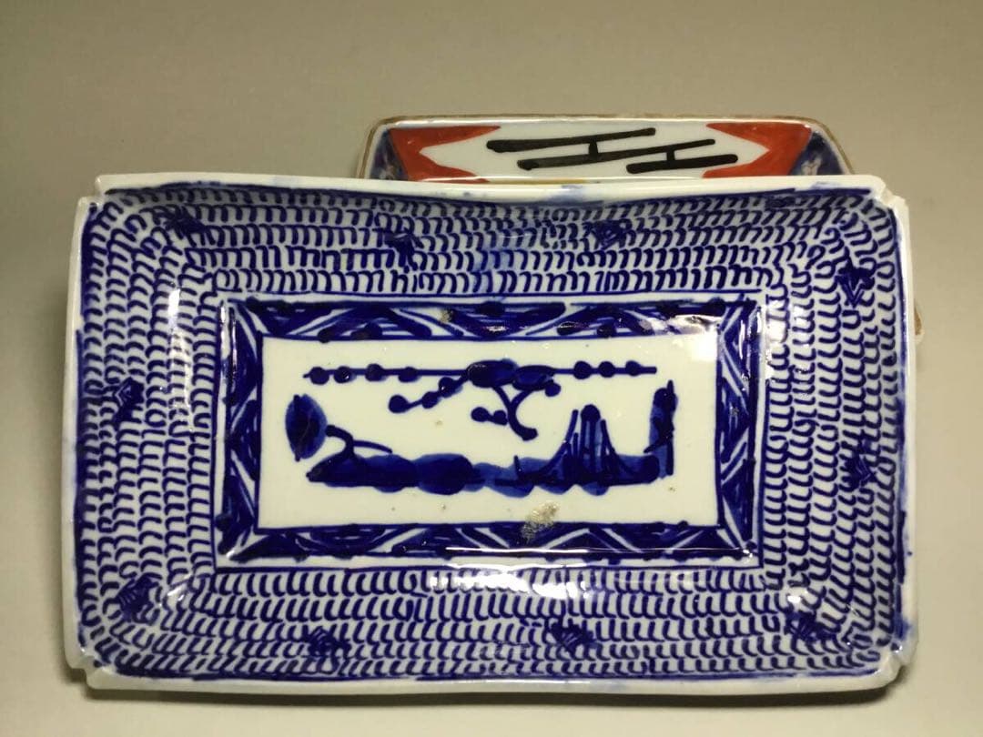 ◆長皿２枚◆色絵 染付 菓子皿 角皿 和食器 大正ロマン 古伊万里