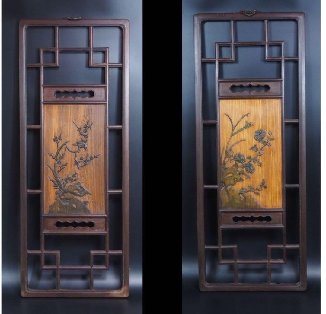 送料無料　清末～民国　唐木紅木鉄刀木　梅蘭竹菊四君子紋彫刻額　94×38ｃｍ