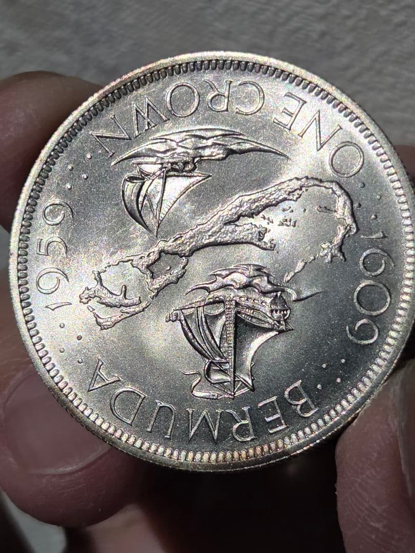 英領バーミューダ　エリザベス2世　発見350周年記念　1 クラウン銀貨　1959
