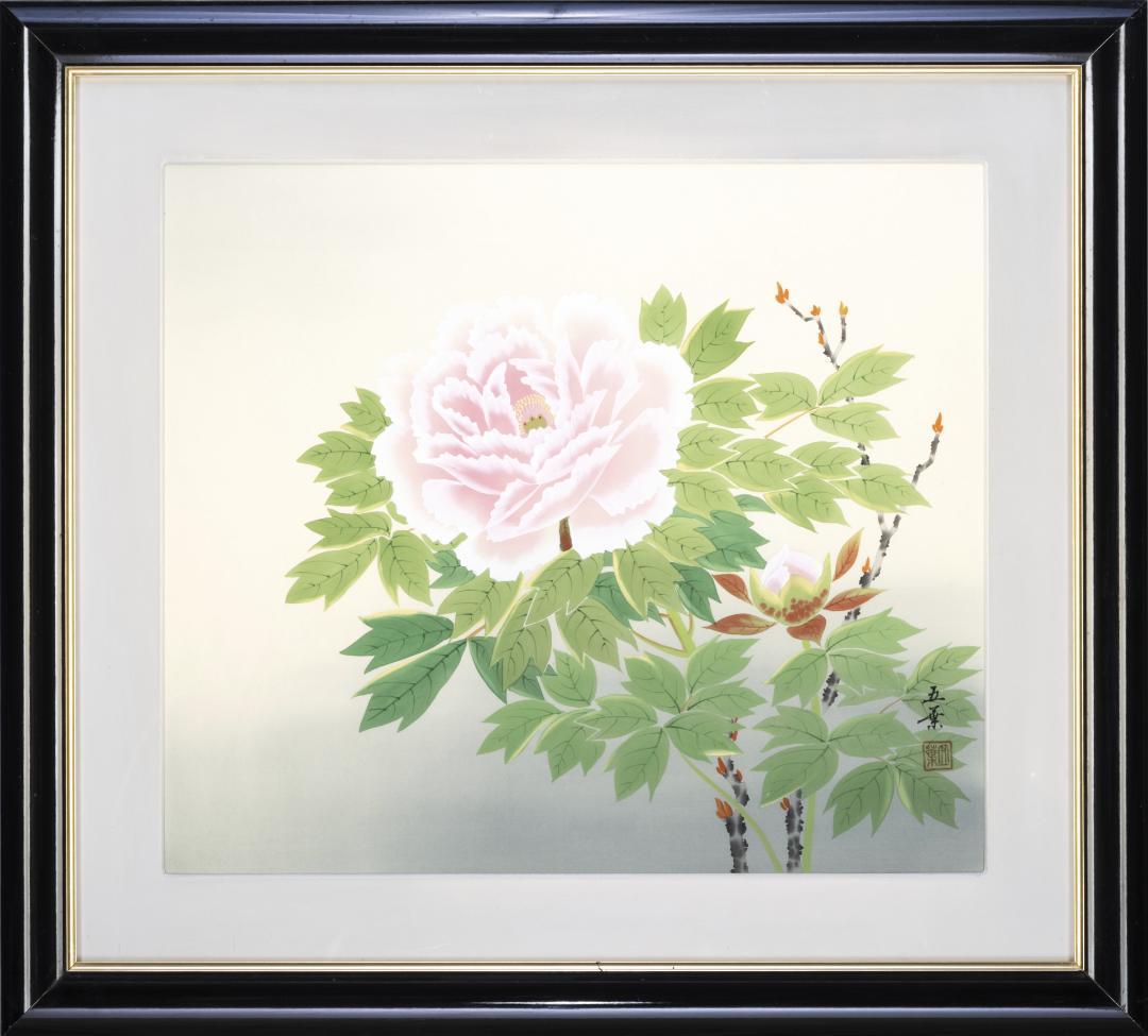 しっかりとした木製額付 手書き 日本画作品 牡丹 外寸約735×665mm