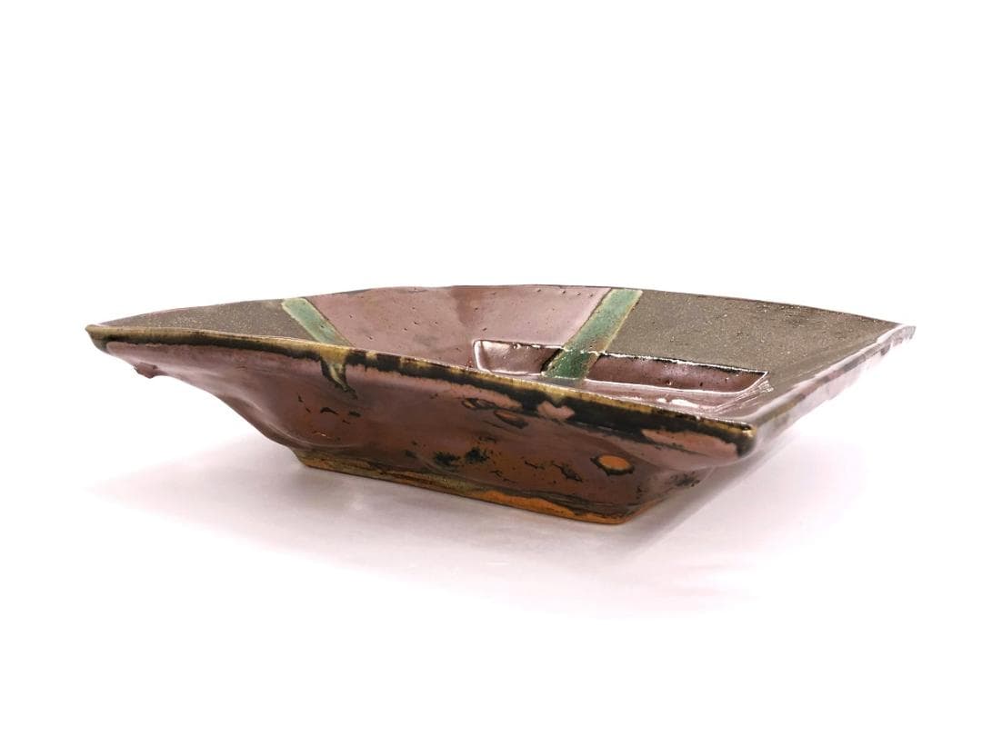 【 人間国宝 浜田庄司 】　柿釉青差角盛皿 40cm本人作　蔵出初品