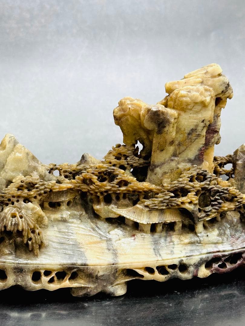 【⭐️稀少❣️美品⭐️】中国美術　寿山石　山水透かし掘り　細密彫刻