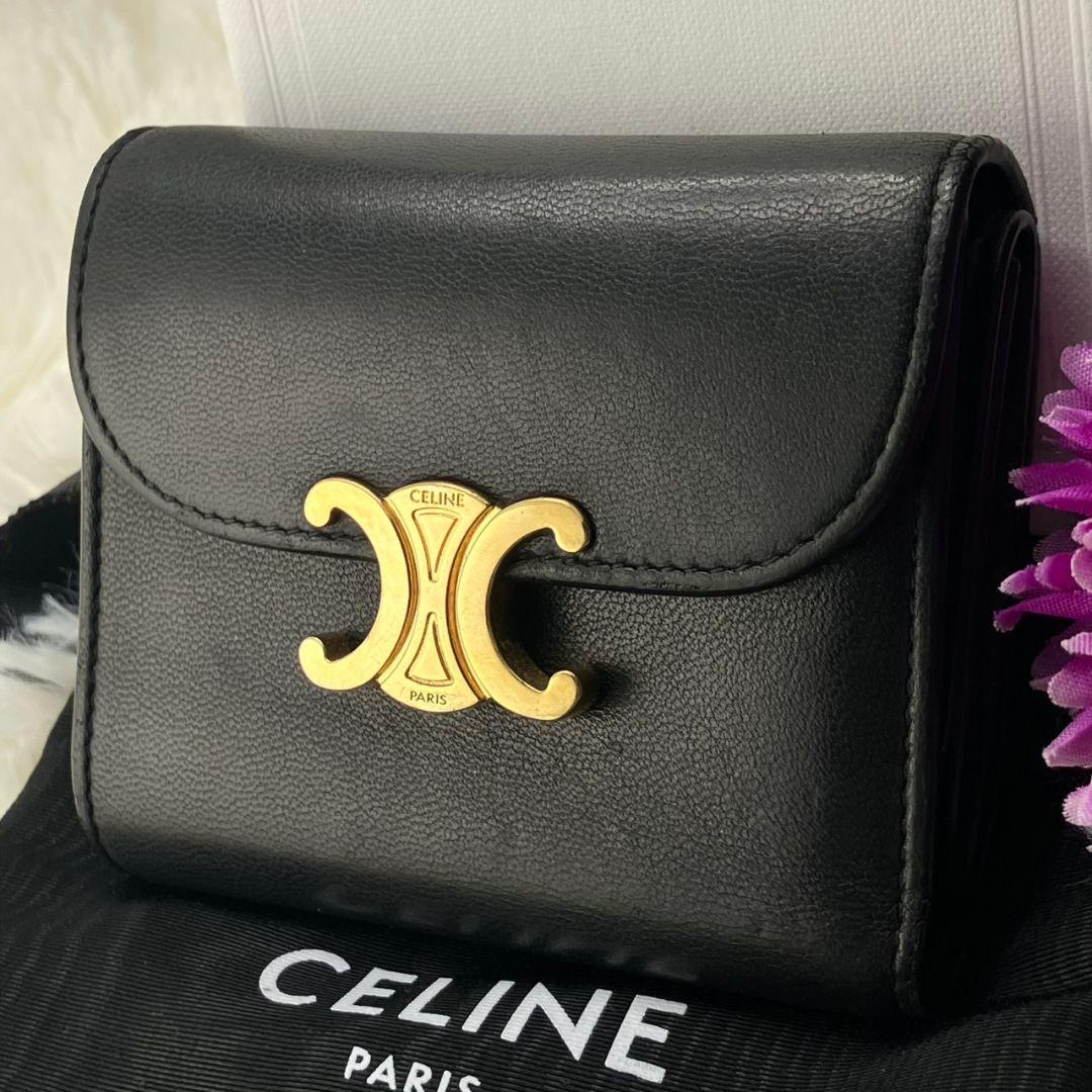 美品 セリーヌ 折り財布 トリオンフ フラップ スモールウォレット