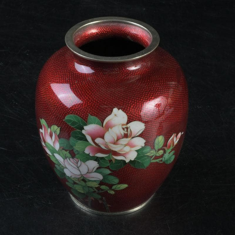 七宝焼　赤透釉　花文　花瓶　V　9604