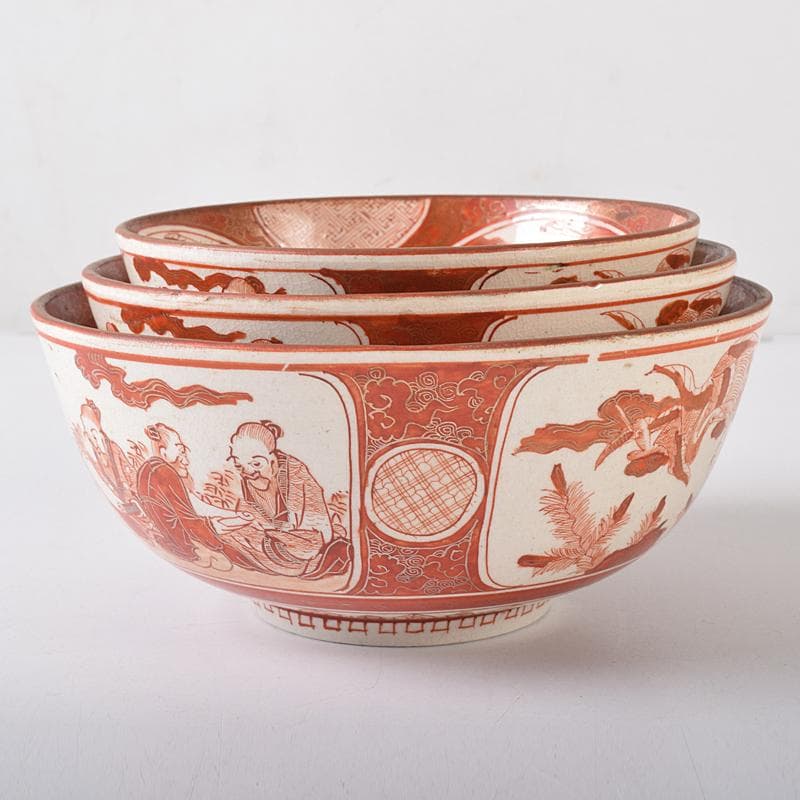 九谷焼　古九谷　赤絵金彩　窓絵　人物花鳥文　三ッ組鉢　時代箱付　U　R8370