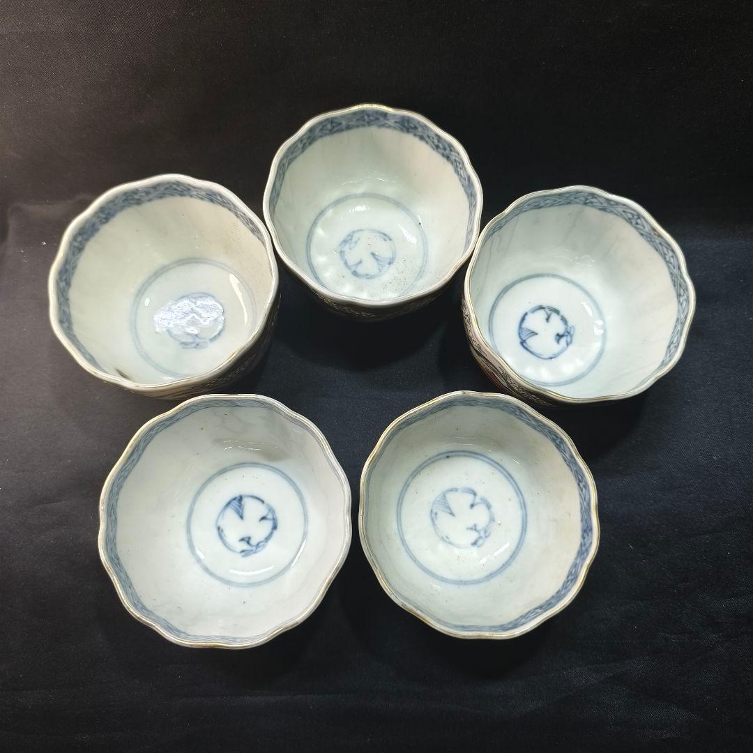 古伊万里 色絵蕎麦猪口5客 金縁 風景文 手描き 時代物 明治骨董 旧家蔵出し