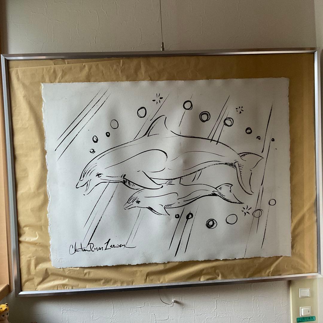 ラッセン 毛筆スケッチ(オリジナル原画)ドローイング　直筆サイン有　イルカの親子
